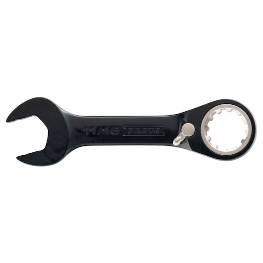 PROTO JSCV22S black ratcheting combination wrench, flat lay, white background, 11/16 inch size.