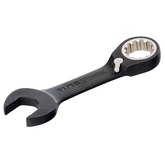 PROTO JSCV22S ratcheting combination wrench, black finish, 11/16 size, side angle on white background.