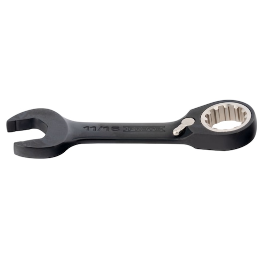 PROTO JSCV22S black combination ratcheting wrench 11/16 inch, side angle, tool category.