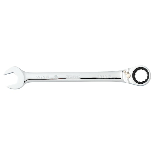 PROTO JSCV22T chrome ratcheting combination wrench with open and box end, 11/16 inch, side view on white background.