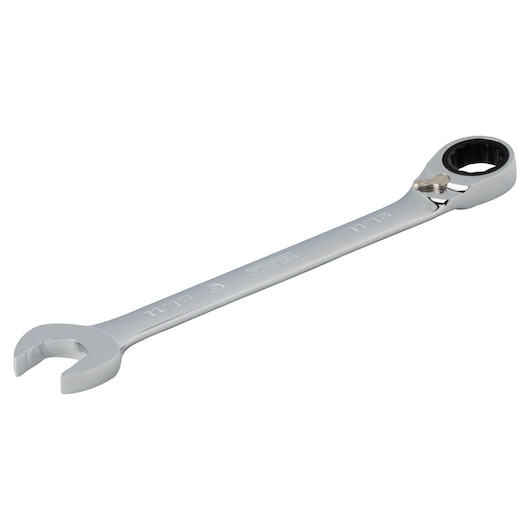PROTO JSCV22T chrome combination ratcheting wrench, open-end and ratcheting closed-end, angled top view on white background.