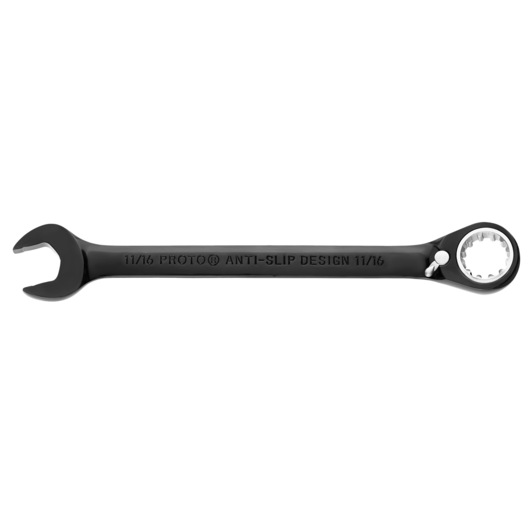 PROTO JSCV22 black ratcheting combination wrench with open and box end, top angle, white background.