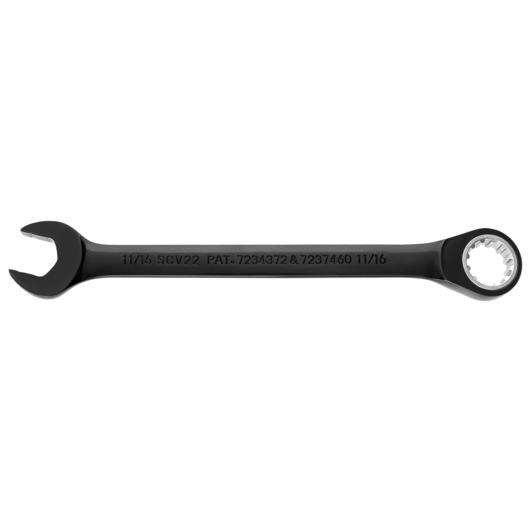 PROTO JSCV22 black combination wrench with open and box end, 11/16 inch, product photography, side view.