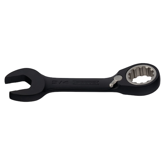 PROTO JSCV24S black combination ratcheting wrench with open and 12-point box end, side angle on white background.