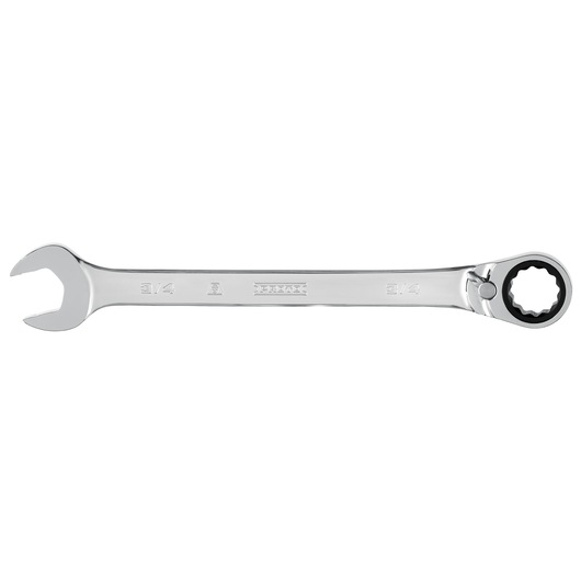 PROTO JSCV24T chrome ratcheting combination wrench with open end and box end, top view on white background.