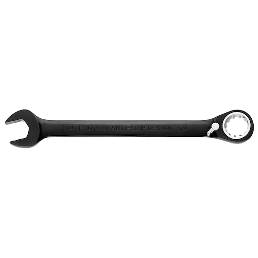PROTO® JSCV24 black combination ratcheting wrench with anti-slip design on white background, side view.
