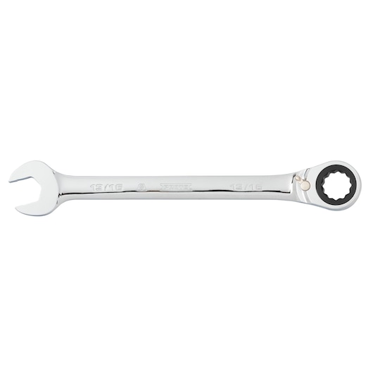PROTO JSCV26T combination ratcheting wrench with open end and box end, chrome finish, straight angle, white background.