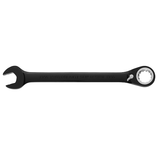 Photo of PROTO JSCV26 black ratcheting combination wrench, open-end and box-end, on white background.