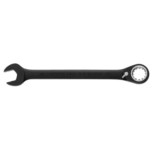 PROTO JSCV28 black combination ratcheting wrench, 7/8 inch, flat lay angle on white background.