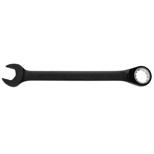 PROTO JSCV28 combination wrench with black finish, open-end and 12-point box end, side angle on white background.