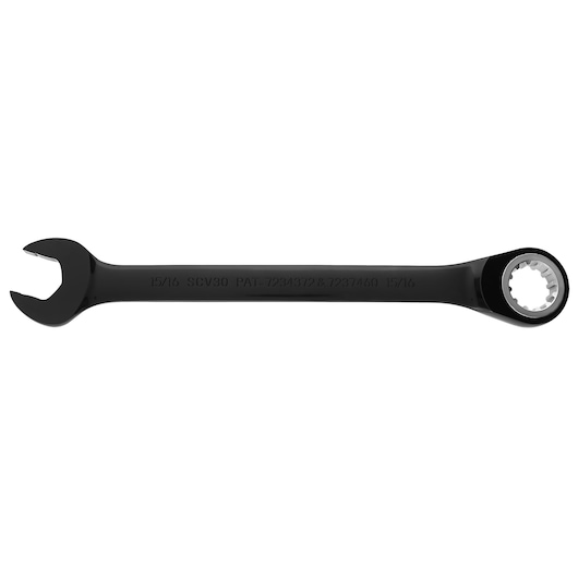 PROTO JSCV30 black combination ratcheting wrench with open and box end, side view on white background.