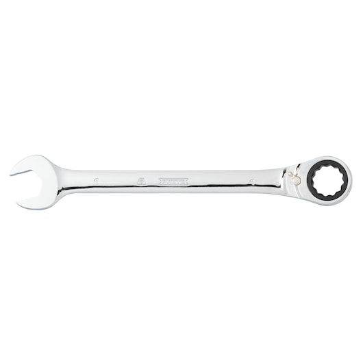 PROTO JSCV32T chrome ratcheting combination wrench, open-end and box-end, side angle, white background