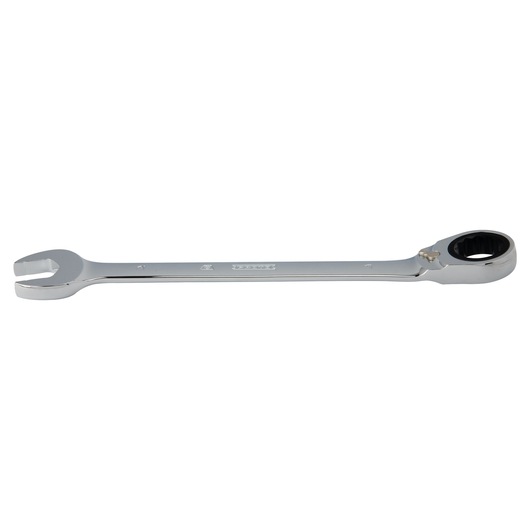 PROTO JSCV32T chrome ratcheting combination wrench, open-end and ratcheting box end, side view, on white background.