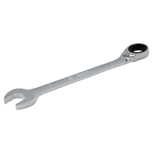 PROTO JSCV32T chrome combination ratcheting wrench, open-end and ratcheting box-end, angled view on white background.