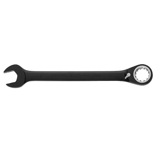 PROTO JSCV32 black combination ratcheting wrench, straight-on angle, white background.