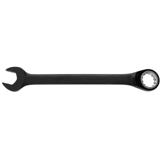 PROTO JSCV32 black combination wrench, photography, side angle on white background.