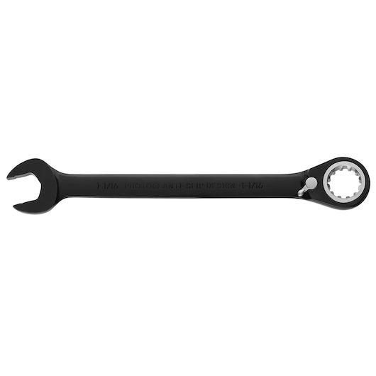 Photo of PROTO JSCV34 black combination ratcheting wrench with anti-slip design, top down view on white background.