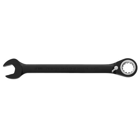 PROTO JSCV36 black ratcheting combination wrench on white background, open-end and box-end with gear design.