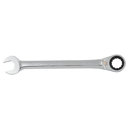 PROTO JSCV40T chrome ratcheting combination wrench, photography, side angle, with open and box ends.