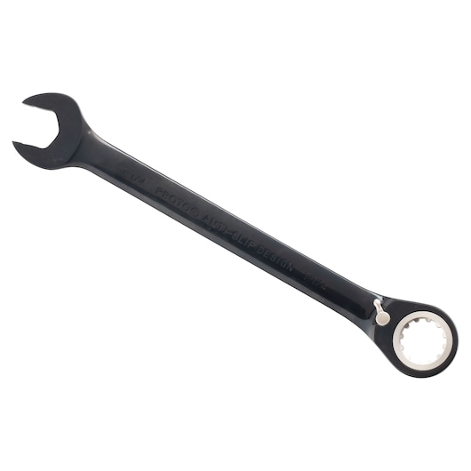 PROTO JSCV40 black combination ratcheting wrench, open-end and ring, side view on white background.