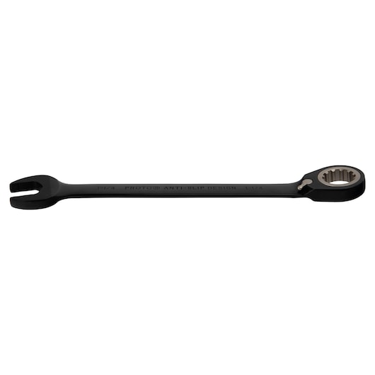 PROTO JSCV40 black ratcheting combination wrench with anti-slip feature, product photography, side view.