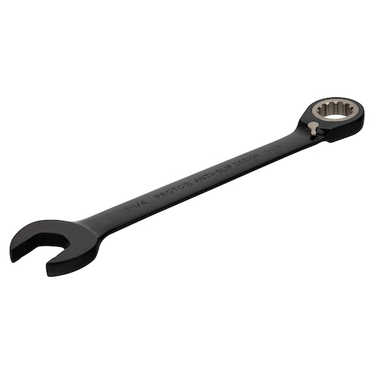 PROTO JSCV40 black combination ratcheting wrench with anti-slip design, angled view, white background.
