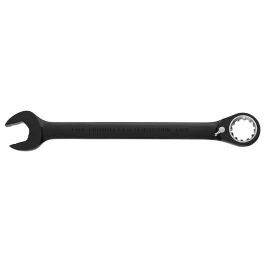 PROTO JSCV48 black combination ratcheting wrench with open and box end, side view, white background.