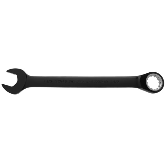 PROTO JSCV48 black combination wrench with open and box end, side view on white background.