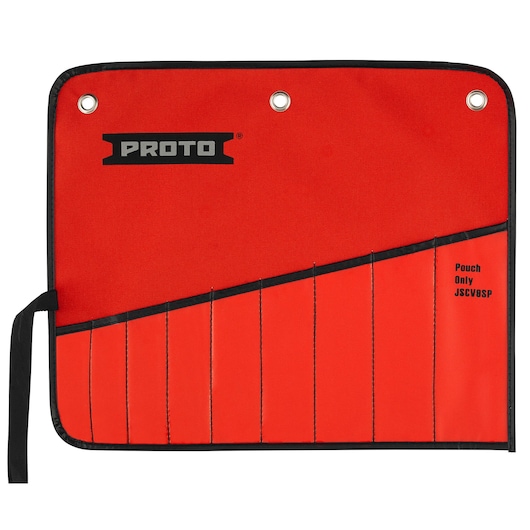 Photo of PROTO JSCV9SP red tool pouch with black trim, multiple slots, and metal-reinforced hanging holes, front angle.