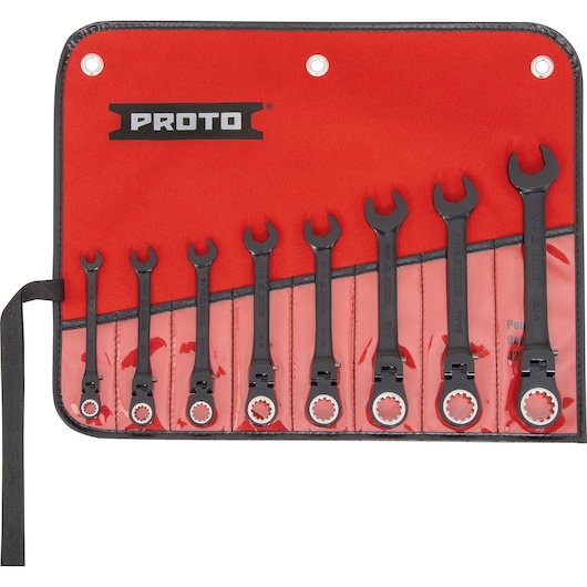 PROTO JSCVF-8S ratcheting wrench set with black finish, 8 pieces in a red tool roll, top view.