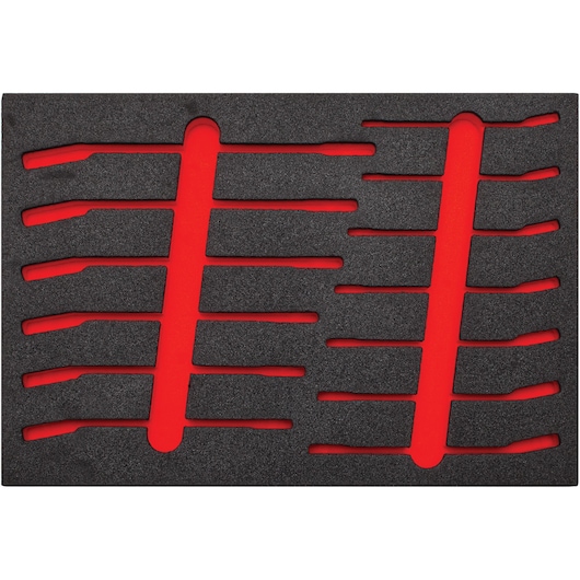 PROTO JSCVM-13SF tool organizer insert, black foam with red base, top-down view, photography.