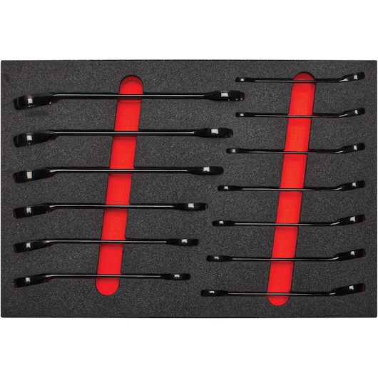 PROTO JSCVM-13SK double box wrench set with 13 black wrenches in foam tray, top view, photography.