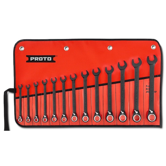 PROTO JSCVM-13S ratcheting wrench set with 13 tools in red roll-up pouch, front angle.