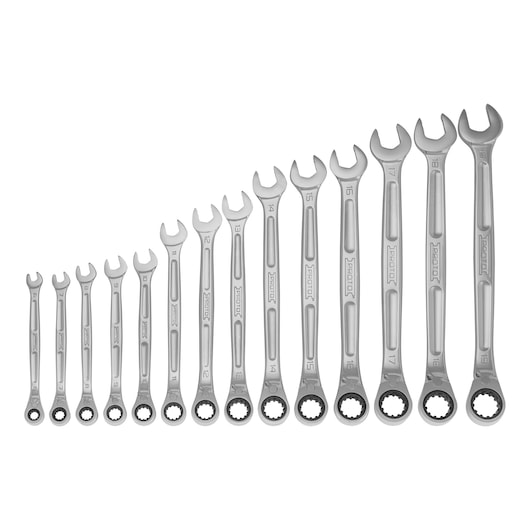 PROTO JSCVM-14SB ratcheting combination wrench set, silver, 14 pieces, product photography, front view.