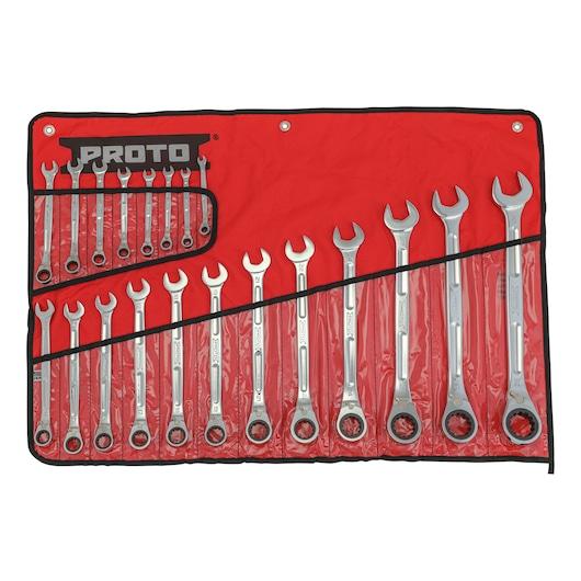 PROTO JSCVM-20SB wrench set with 20 combination ratcheting wrenches in a red tool roll, top-down view.
