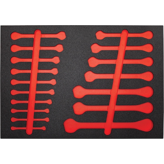 PROTO JSCVM-22SF foam wrench organizer tray, black and red, top view, tool holder photography.