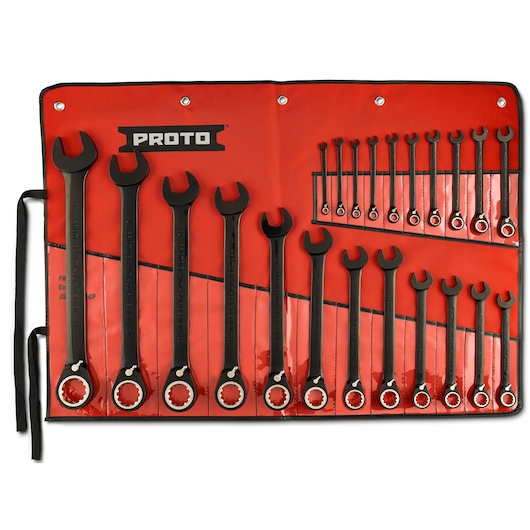 PROTO JSCVM-22S wrench set in red roll-up pouch, 22 black combination wrenches arranged by size, top view.