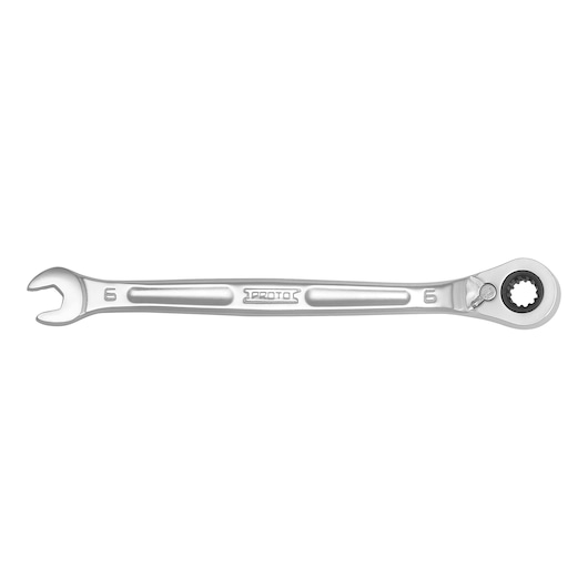 PROTO JSCVM06B ratcheting combination wrench, silver, size 6mm, top view on white background.