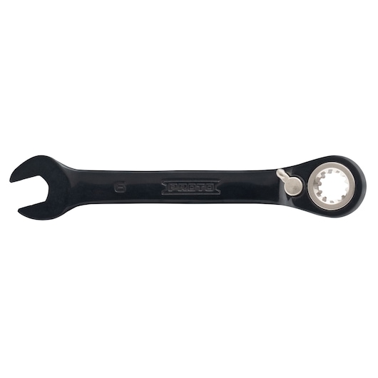 PROTO JSCVM06S black ratcheting combination wrench, open and box end, flat side view on white background.