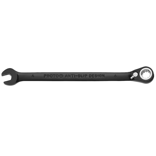 PROTO JSCVM06 black ratcheting combination wrench, anti-slip design, front angle on white background.