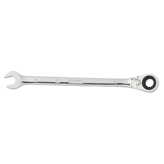 PROTO JSCVM07T combination ratcheting wrench, chrome finish, photographed from top angle on white background.