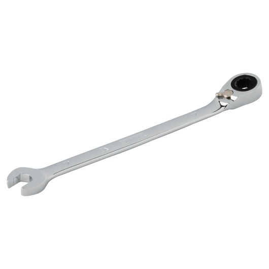 PROTO JSCVM07T silver ratcheting combination wrench side angle on white background.