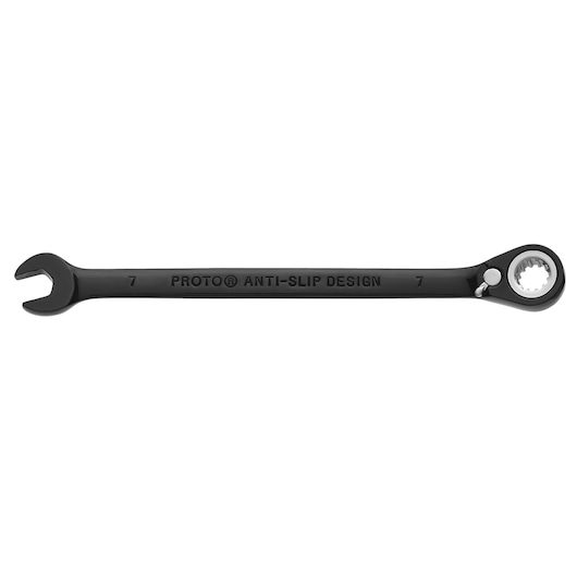PROTO JSCVM07 black ratcheting combination wrench with anti-slip design, tool shown on white background, side view.