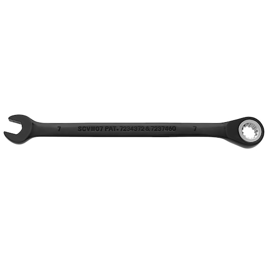 Photo of PROTO JSCVM07 ratcheting combination wrench, black finish, with open and box end, side angle on white background.