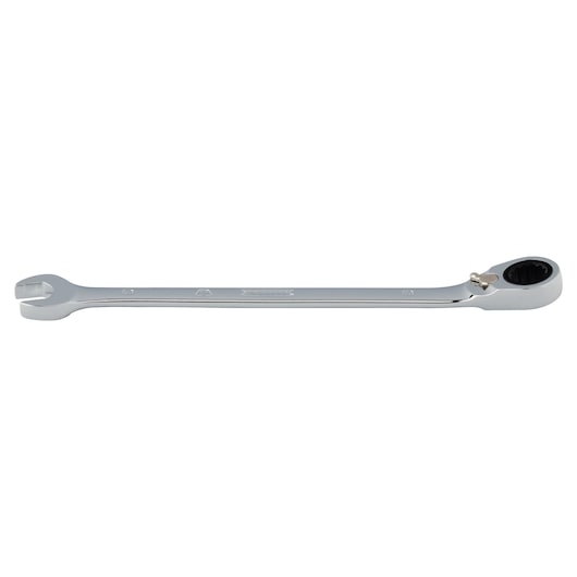 Photo of PROTO JSCVM08T ratcheting combination wrench with polished chrome finish, side angle on white background.