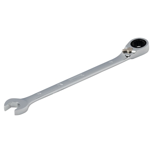 PROTO JSCVM08T silver ratcheting combination wrench side view, open and closed ends.