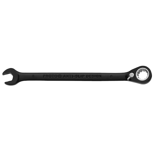 PROTO JSCVM08 black ratcheting combination wrench with anti-slip design, photography on white background.