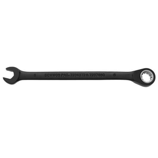 PROTO JSCVM08 black ratcheting combination wrench on white background, open-end and box-end visible, size 8mm.