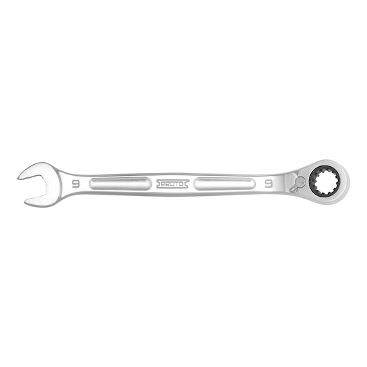 PROTO JSCVM09B ratcheting combination wrench, silver finish, straight view on white background.