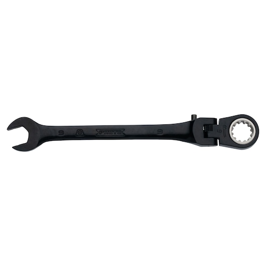 PROTO JSCVM09F black ratcheting combination wrench, photography, side angle on white background.